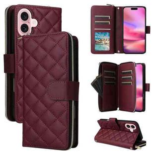 For iPhone 16 Crossbody Rhombic Zipper Tower Buckle Leather Phone Case with Lanyard(Wine Red)