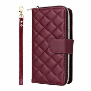 For iPhone 16e Crossbody Rhombic Zipper Tower Buckle Leather Phone Case with Lanyard(Wine Red)