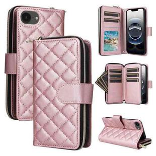 For iPhone 16e Crossbody Rhombic Zipper Tower Buckle Leather Phone Case with Lanyard(Rose Gold)