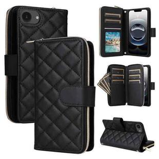 For iPhone 16e Crossbody Rhombic Zipper Tower Buckle Leather Phone Case with Lanyard(Black)