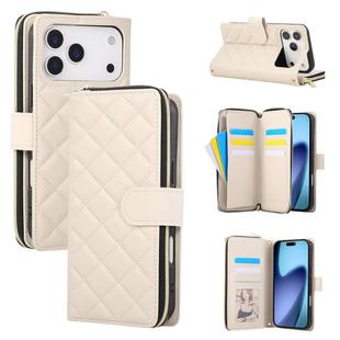For iPhone 17 Pro Max Crossbody Rhombic Zipper Tower Buckle Leather Phone Case with Lanyard(Beige)