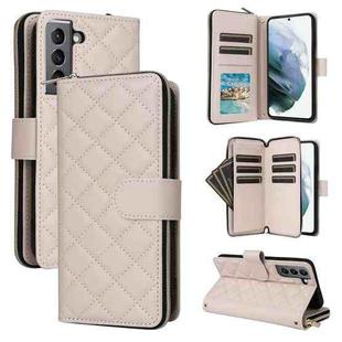 For Samsung Galaxy S21 5G Crossbody Rhombic Zipper Tower Buckle Leather Phone Case with Lanyard(Beige)