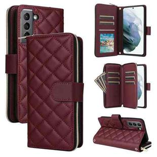 For Samsung Galaxy S21 5G Crossbody Rhombic Zipper Tower Buckle Leather Phone Case with Lanyard(Wine Red)