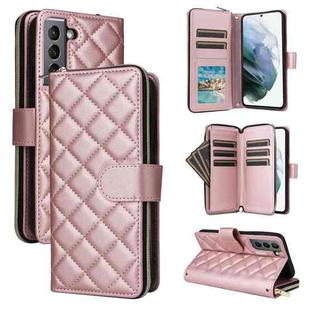 For Samsung Galaxy S21 5G Crossbody Rhombic Zipper Tower Buckle Leather Phone Case with Lanyard(Rose Gold)