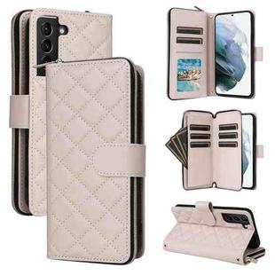 For Samsung Galaxy S21+ 5G Crossbody Rhombic Zipper Tower Buckle Leather Phone Case with Lanyard(Beige)