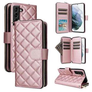 For Samsung Galaxy S21+ 5G Crossbody Rhombic Zipper Tower Buckle Leather Phone Case with Lanyard(Rose Gold)