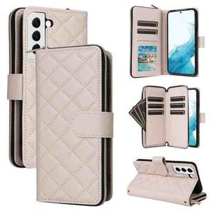 For Samsung Galaxy S22 5G Crossbody Rhombic Zipper Tower Buckle Leather Phone Case with Lanyard(Beige)