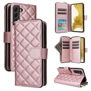 For Samsung Galaxy S22+ 5G Crossbody Rhombic Zipper Tower Buckle Leather Phone Case with Lanyard(Rose Gold)