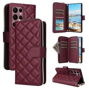 For Samsung Galaxy S22 Ultra 5G Crossbody Rhombic Zipper Tower Buckle Leather Phone Case with Lanyard(Wine Red)