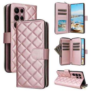 For Samsung Galaxy S22 Ultra 5G Crossbody Rhombic Zipper Tower Buckle Leather Phone Case with Lanyard(Rose Gold)