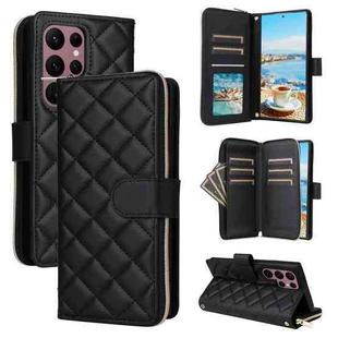 For Samsung Galaxy S22 Ultra 5G Crossbody Rhombic Zipper Tower Buckle Leather Phone Case with Lanyard(Black)