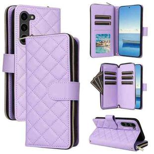 For Samsung Galaxy S23 5G Crossbody Rhombic Zipper Tower Buckle Leather Phone Case with Lanyard(Purple)