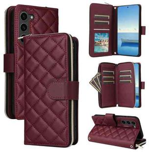 For Samsung Galaxy S23 5G Crossbody Rhombic Zipper Tower Buckle Leather Phone Case with Lanyard(Wine Red)