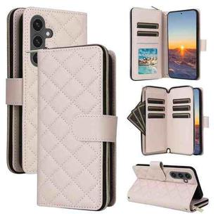 For Samsung Galaxy S24 FE 5G Crossbody Rhombic Zipper Tower Buckle Leather Phone Case with Lanyard(Beige)