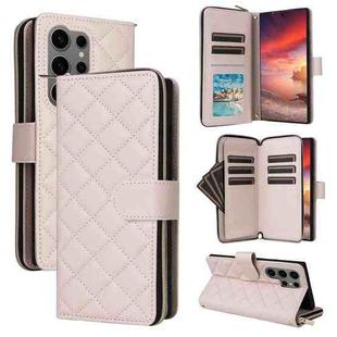 For Samsung Galaxy S25 Ultra 5G Crossbody Rhombic Zipper Tower Buckle Leather Phone Case with Lanyard(Beige)