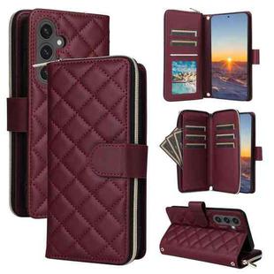 For Samsung Galaxy S25 FE 5G Crossbody Rhombic Zipper Tower Buckle Leather Phone Case with Lanyard(Wine Red)