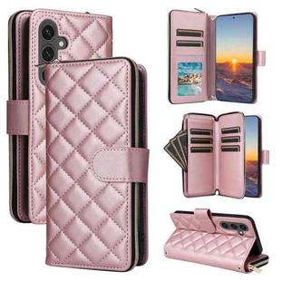 For Samsung Galaxy S25 FE 5G Crossbody Rhombic Zipper Tower Buckle Leather Phone Case with Lanyard(Rose Gold)