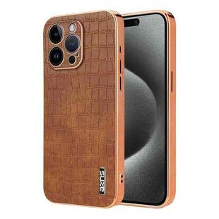 For iPhone 14 Pro Max AZNS Electroplated Frame Crocodile Texture Full Coverage Phone Case(Brown)