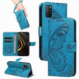 For Xiaomi Poco M3 Swallowtail Butterfly Embossed Leather Phone Case(Blue)