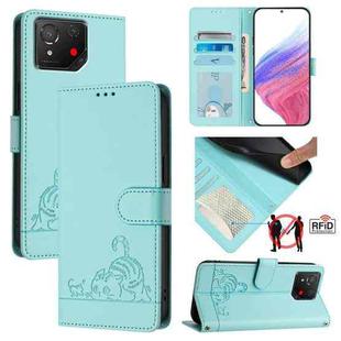 For Asus ROG Phone 8 Cat Rat Embossed Pattern RFID Leather Phone Case with Lanyard(Mint Green)