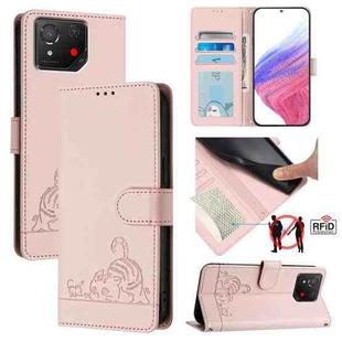 For Asus ROG Phone 8 Cat Rat Embossed Pattern RFID Leather Phone Case with Lanyard(Pink)