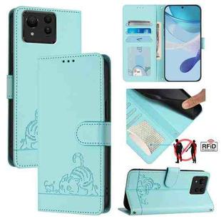 For Asus Zenfone 11 Ultra Cat Rat Embossed Pattern RFID Leather Phone Case with Lanyard(Mint Green)