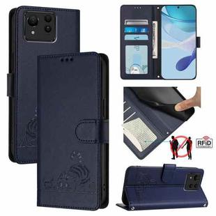 For Asus Zenfone 11 Ultra Cat Rat Embossed Pattern RFID Leather Phone Case with Lanyard(Blue)