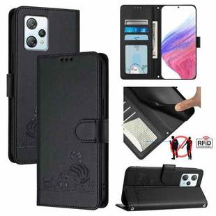 For Blackview A53 Cat Rat Embossed Pattern RFID Leather Phone Case with Lanyard(Black)