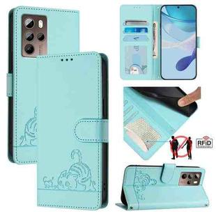 For HTC U24 Pro Cat Rat Embossed Pattern RFID Leather Phone Case with Lanyard(Mint Green)