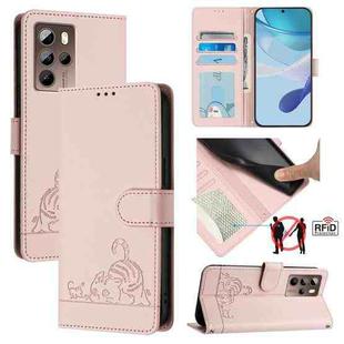 For HTC U24 Pro Cat Rat Embossed Pattern RFID Leather Phone Case with Lanyard(Pink)