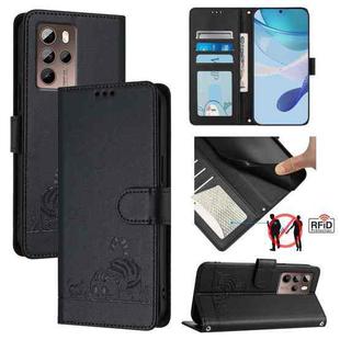 For HTC U24 Pro Cat Rat Embossed Pattern RFID Leather Phone Case with Lanyard(Black)