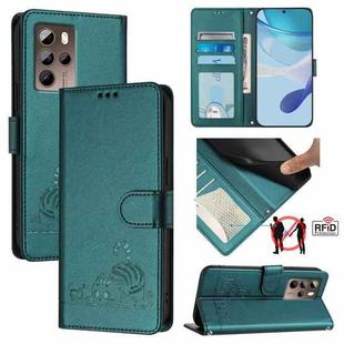 For HTC U24 Pro Cat Rat Embossed Pattern RFID Leather Phone Case with Lanyard(Peacock Green)