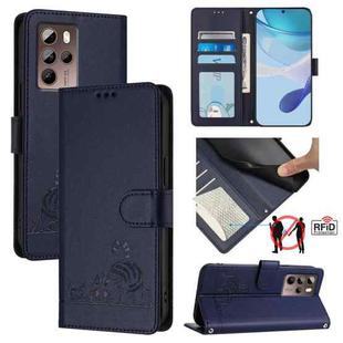 For HTC U24 Pro Cat Rat Embossed Pattern RFID Leather Phone Case with Lanyard(Blue)