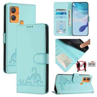 For Oukitel C33 Cat Rat Embossed Pattern RFID Leather Phone Case with Lanyard(Mint Green)