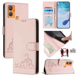 For Oukitel C33 Cat Rat Embossed Pattern RFID Leather Phone Case with Lanyard(Pink)