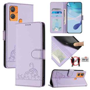 For Oukitel C33 Cat Rat Embossed Pattern RFID Leather Phone Case with Lanyard(Purple)