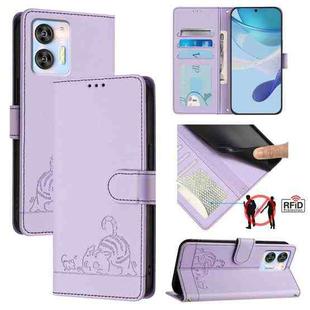 For Oukitel C36 / C35 Cat Rat Embossed Pattern RFID Leather Phone Case with Lanyard(Purple)