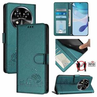 For Oukitel C37 Cat Rat Embossed Pattern RFID Leather Phone Case with Lanyard(Peacock Green)