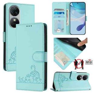 For Oukitel C38 Cat Rat Embossed Pattern RFID Leather Phone Case with Lanyard(Mint Green)