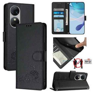 For Oukitel C38 Cat Rat Embossed Pattern RFID Leather Phone Case with Lanyard(Black)