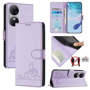 For Oukitel C38 Cat Rat Embossed Pattern RFID Leather Phone Case with Lanyard(Purple)