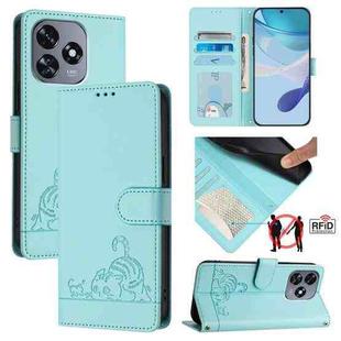 For Oukitel C51 Cat Rat Embossed Pattern RFID Leather Phone Case with Lanyard(Mint Green)