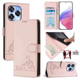 For Oukitel C50 Cat Rat Embossed Pattern RFID Leather Phone Case with Lanyard(Pink)