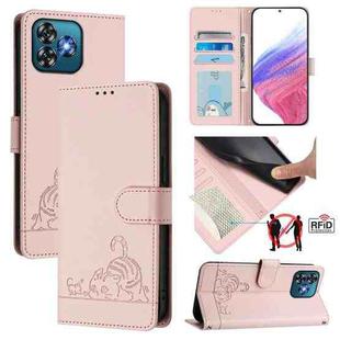 For Oukitel C53 Cat Rat Embossed Pattern RFID Leather Phone Case with Lanyard(Pink)