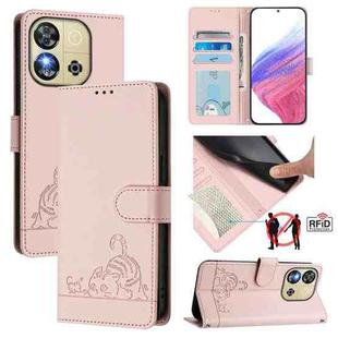 For Oukitel C57s Cat Rat Embossed Pattern RFID Leather Phone Case with Lanyard(Pink)