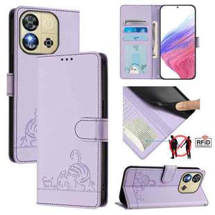 For Oukitel C57s Cat Rat Embossed Pattern RFID Leather Phone Case with Lanyard(Purple)