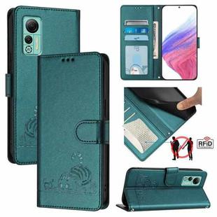 For Ulefone Note 14 Cat Rat Embossed Pattern RFID Leather Phone Case with Lanyard(Peacock Green)