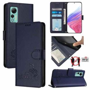 For Ulefone Note 14 Cat Rat Embossed Pattern RFID Leather Phone Case with Lanyard(Blue)