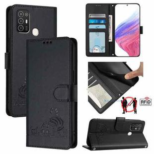 For ZTE Blade A52 Cat Rat Embossed Pattern RFID Leather Phone Case with Lanyard(Black)