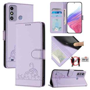 For ZTE Blade A53 Cat Rat Embossed Pattern RFID Leather Phone Case with Lanyard(Purple)